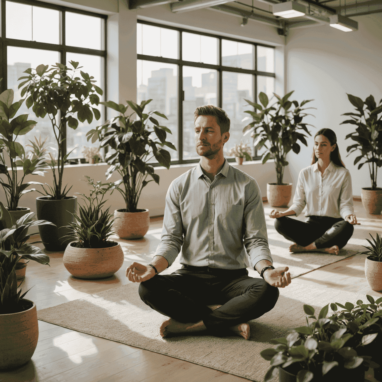 A serene office environment with employees practicing mindfulness meditation, surrounded by plants and natural light
