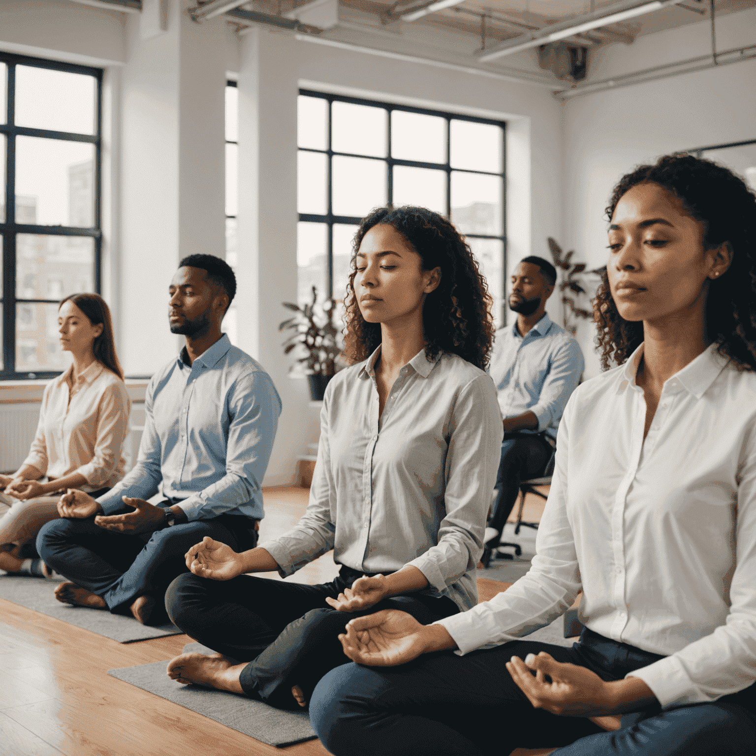 A group of office workers practicing mindfulness meditation in a bright, open workspace. They are sitting in comfortable positions with eyes closed, appearing relaxed and focused.