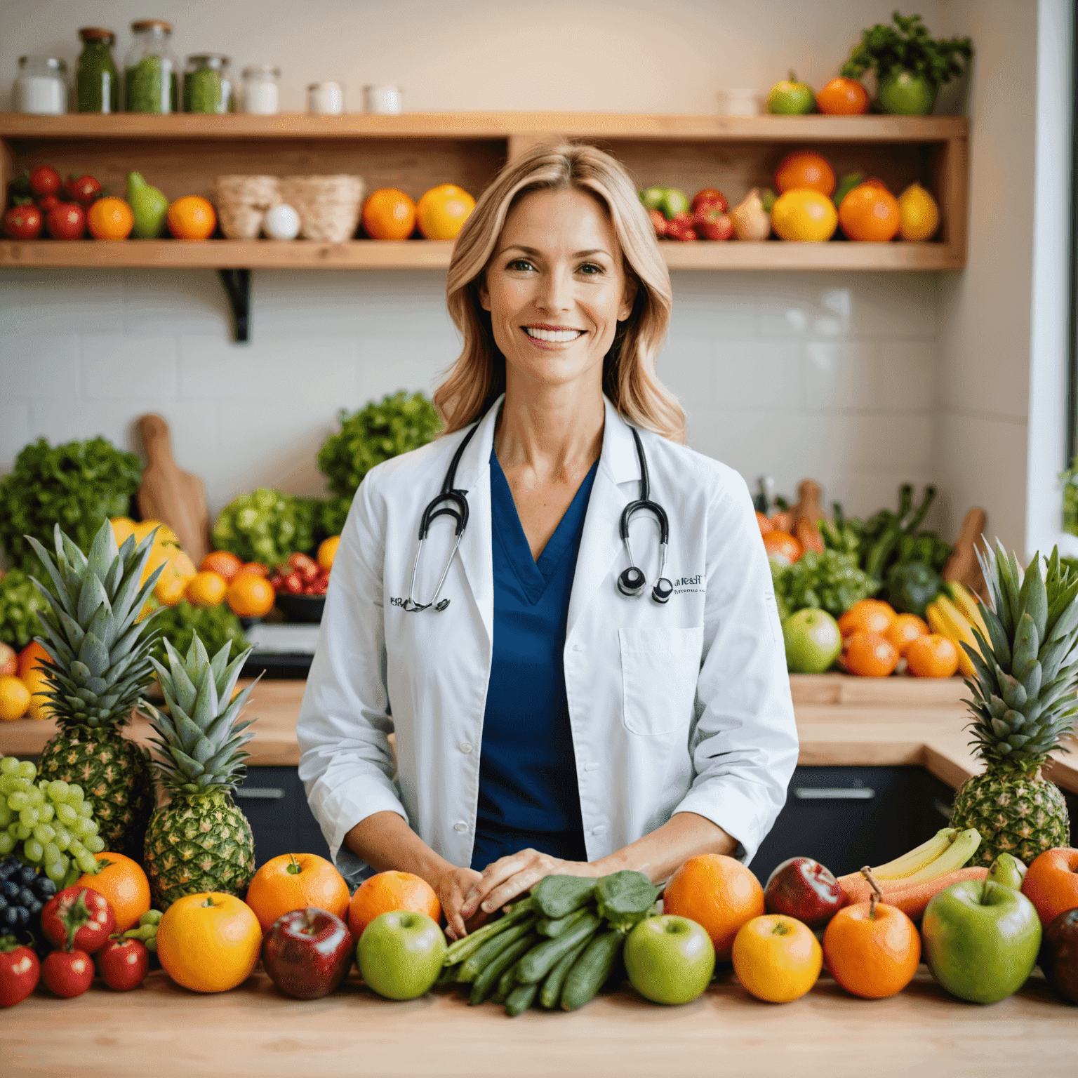 A serene image of a nutritionist in a calm, natural setting surrounded by fresh, colorful fruits and vegetables. The nutritionist is smiling warmly, conveying a sense of expertise and approachability.