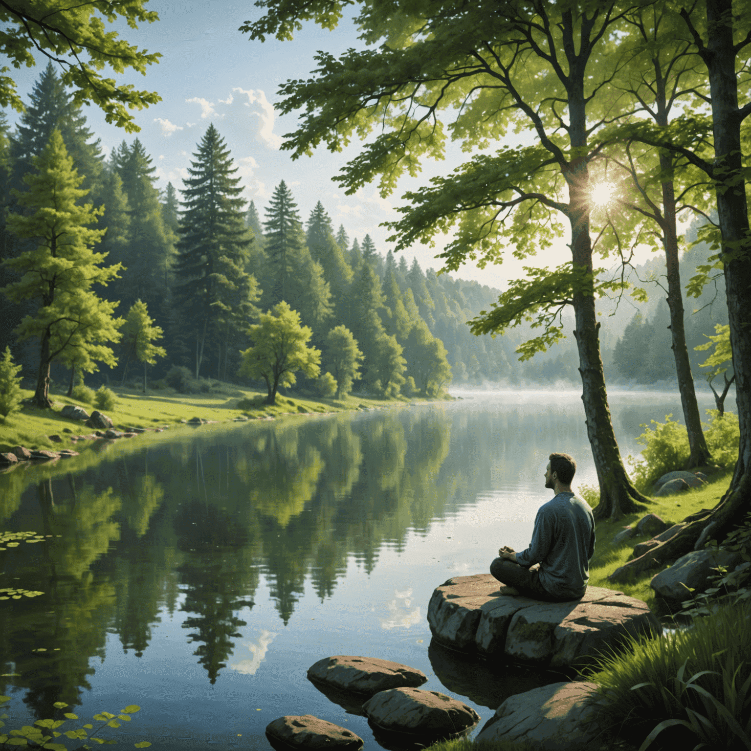 A serene natural setting with a person meditating by a calm lake, surrounded by lush green trees and gentle mist rising from the water's surface.