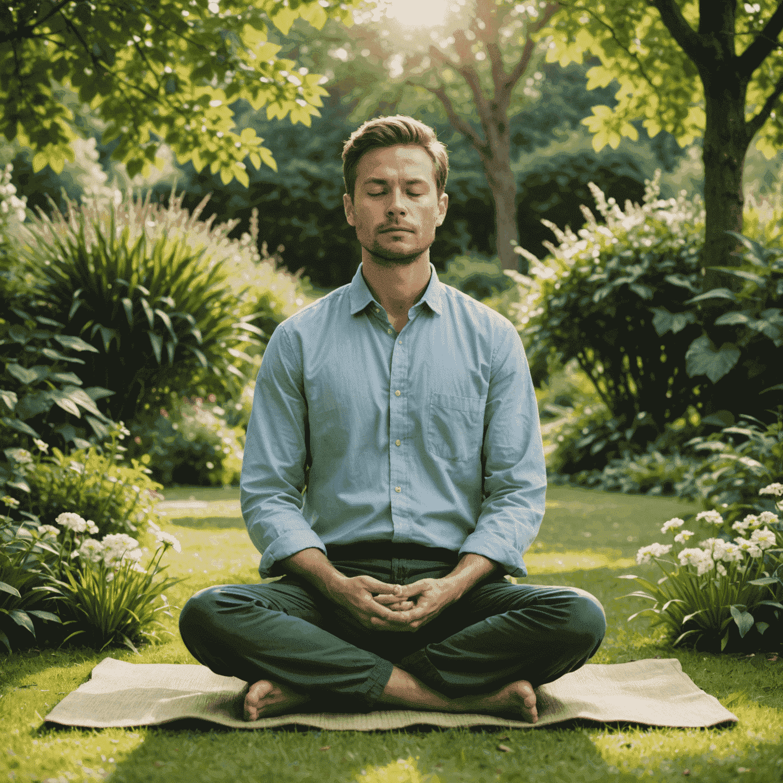 A person sitting cross-legged in a peaceful garden, eyes closed, practicing mindfulness meditation
