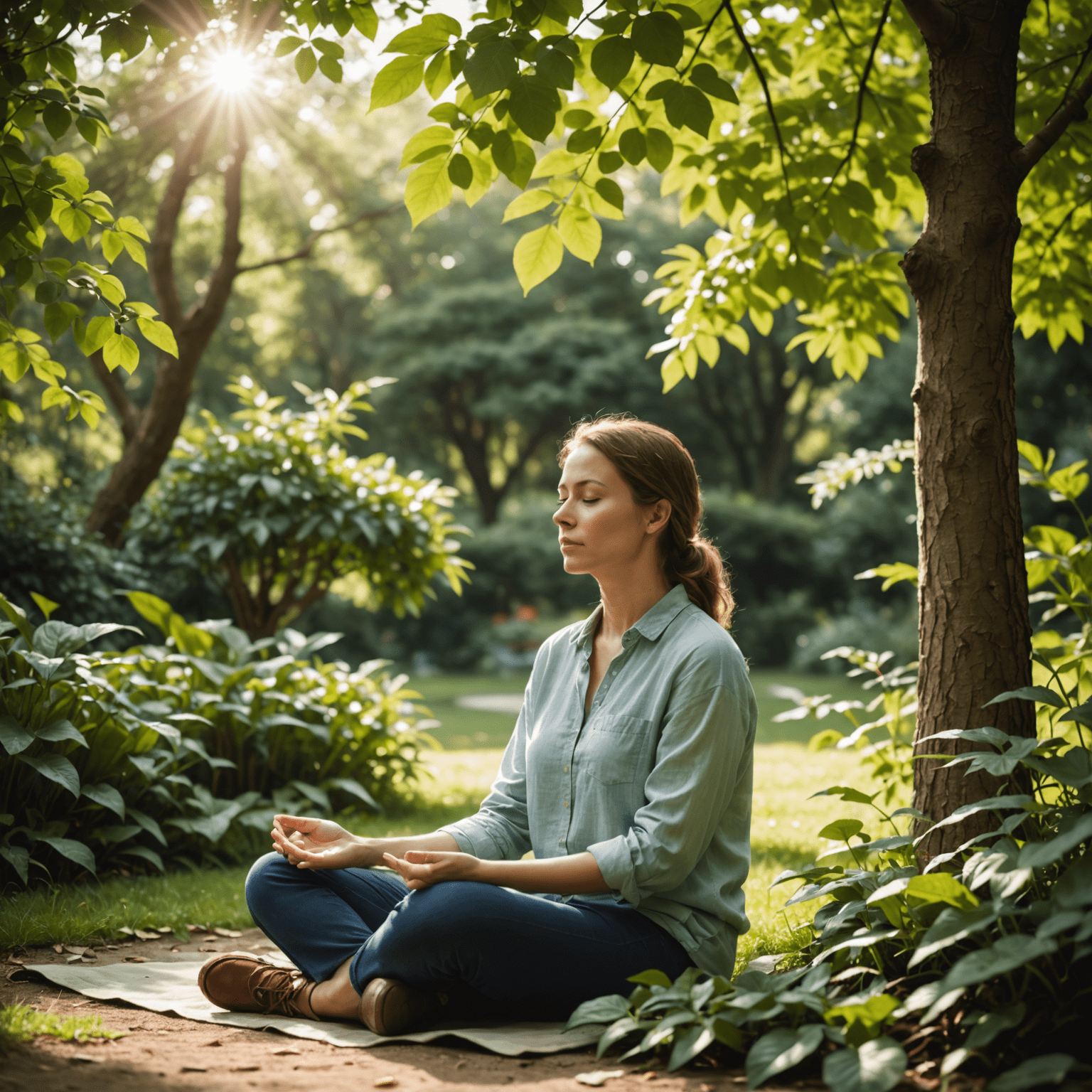 A person sitting in a peaceful garden, eyes closed, practicing deep breathing exercises. Soft sunlight filters through leaves, creating a serene atmosphere.