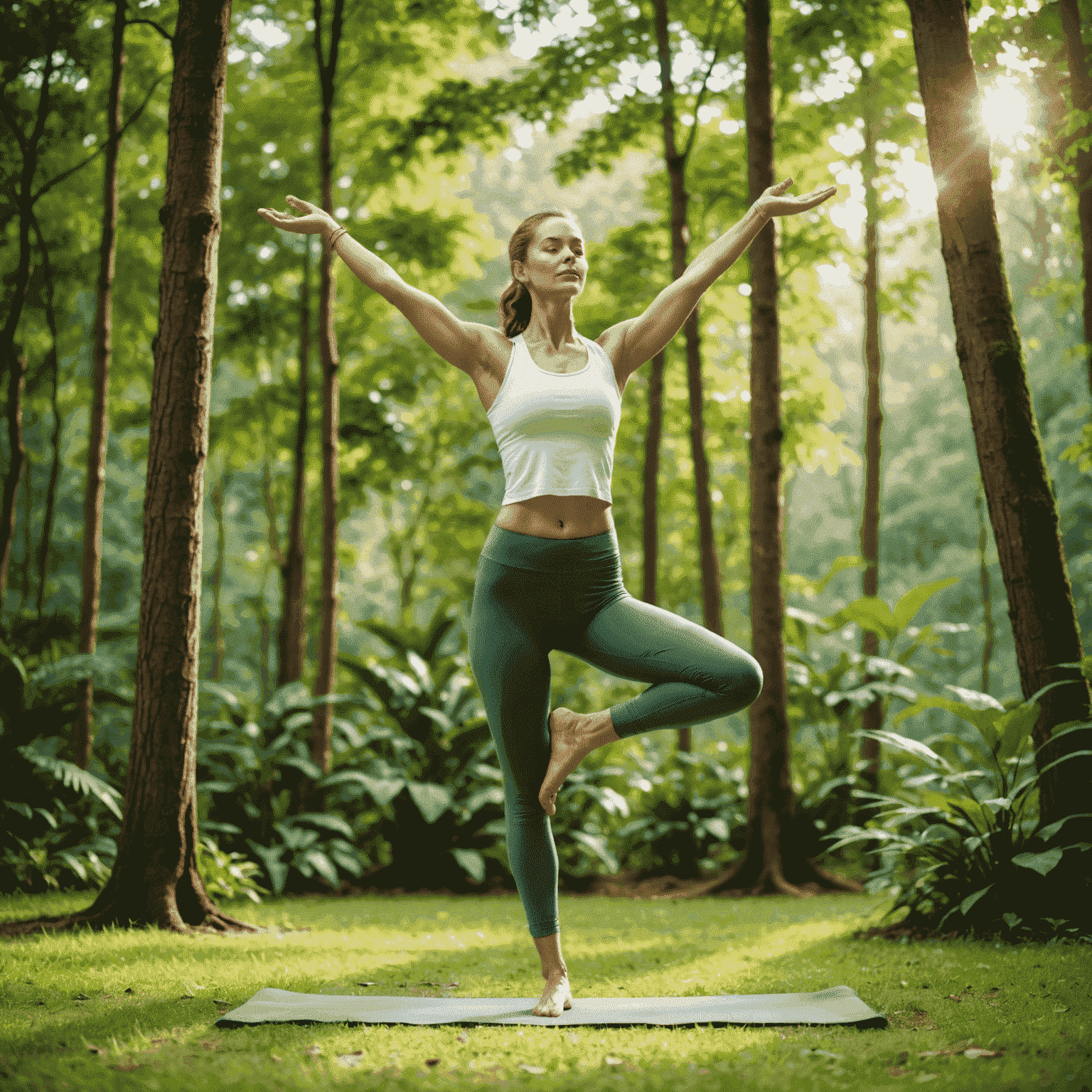 A serene yoga practitioner in tree pose, balancing on one leg with arms raised, surrounded by a lush green forest backdrop