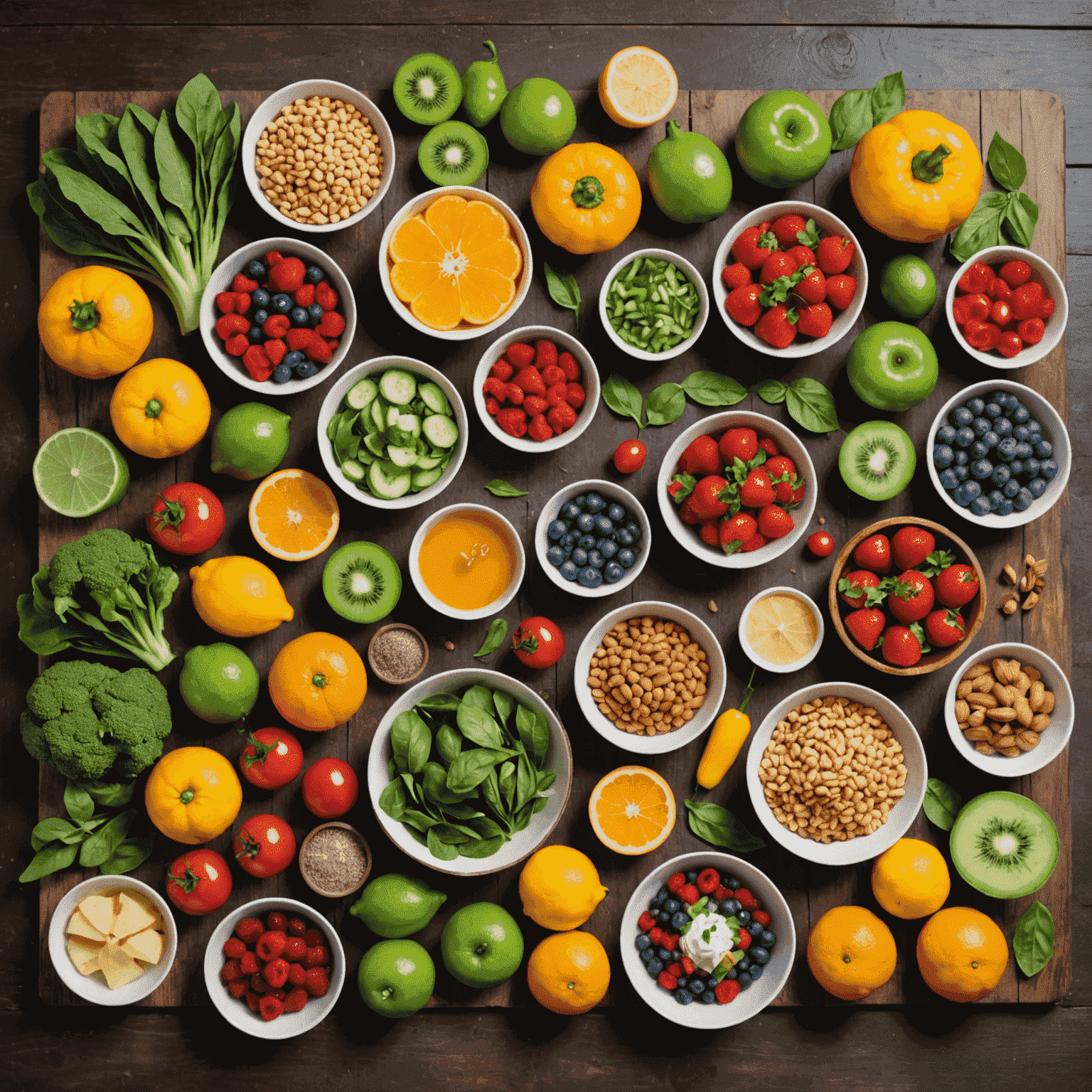 A colorful array of fresh, wholesome foods arranged on a wooden table, emphasizing the connection between nutrition and mental well-being