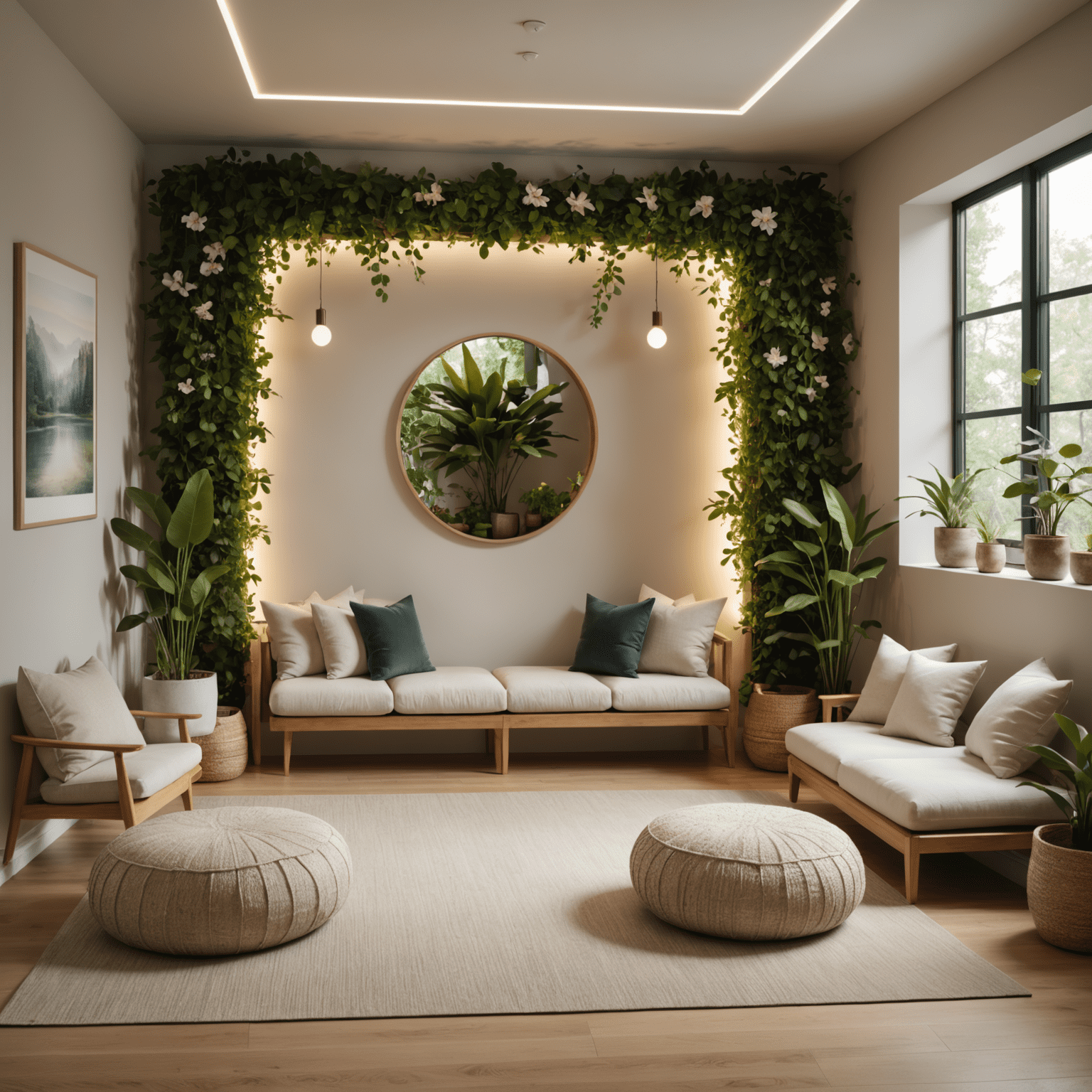 A serene meditation room in an office setting, with comfortable cushions, soft lighting, and nature-inspired decor, showcasing a dedicated space for mindfulness practices.