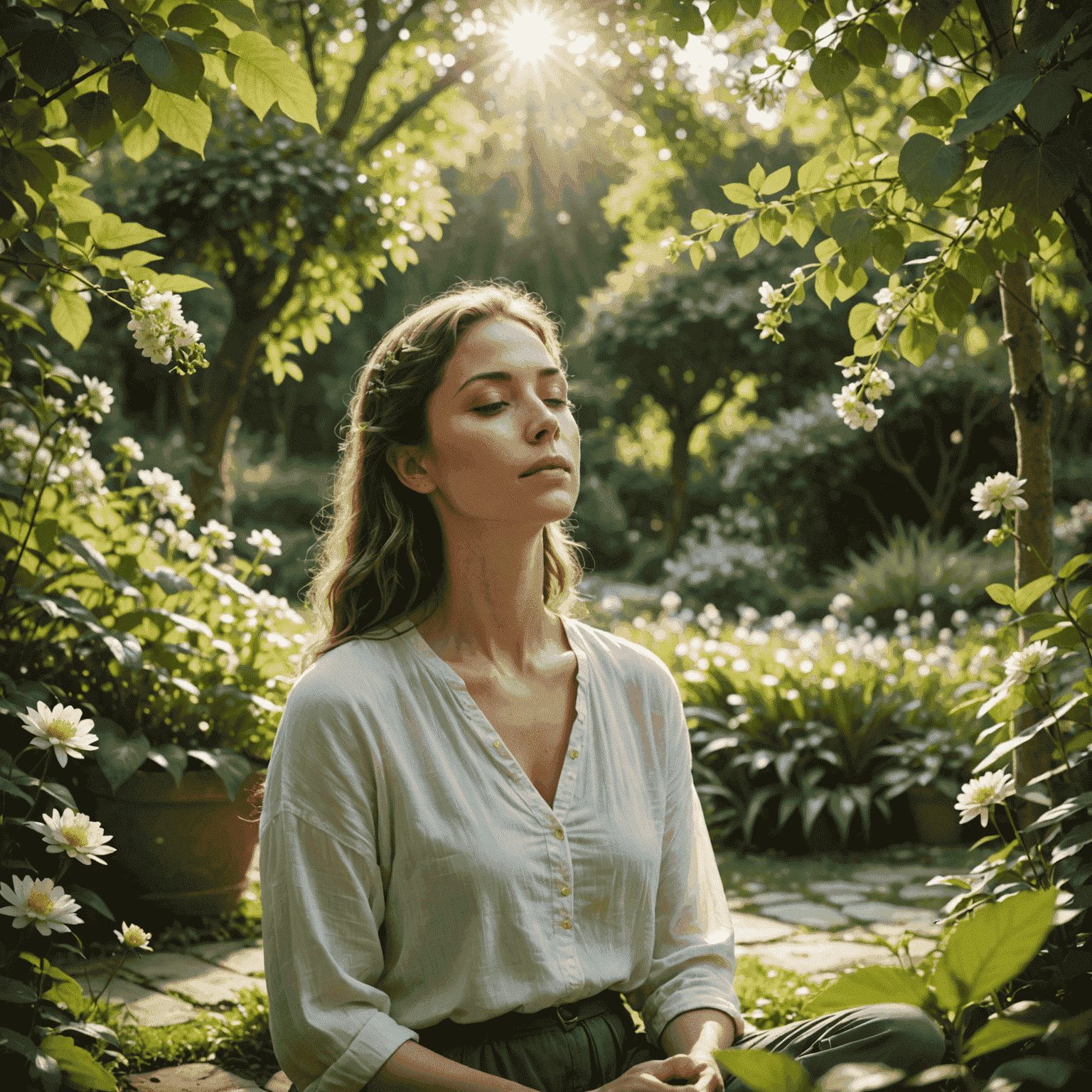 A person practicing deep breathing exercises in a tranquil garden setting, with soft sunlight filtering through leaves and a gentle breeze visible in the swaying flowers.