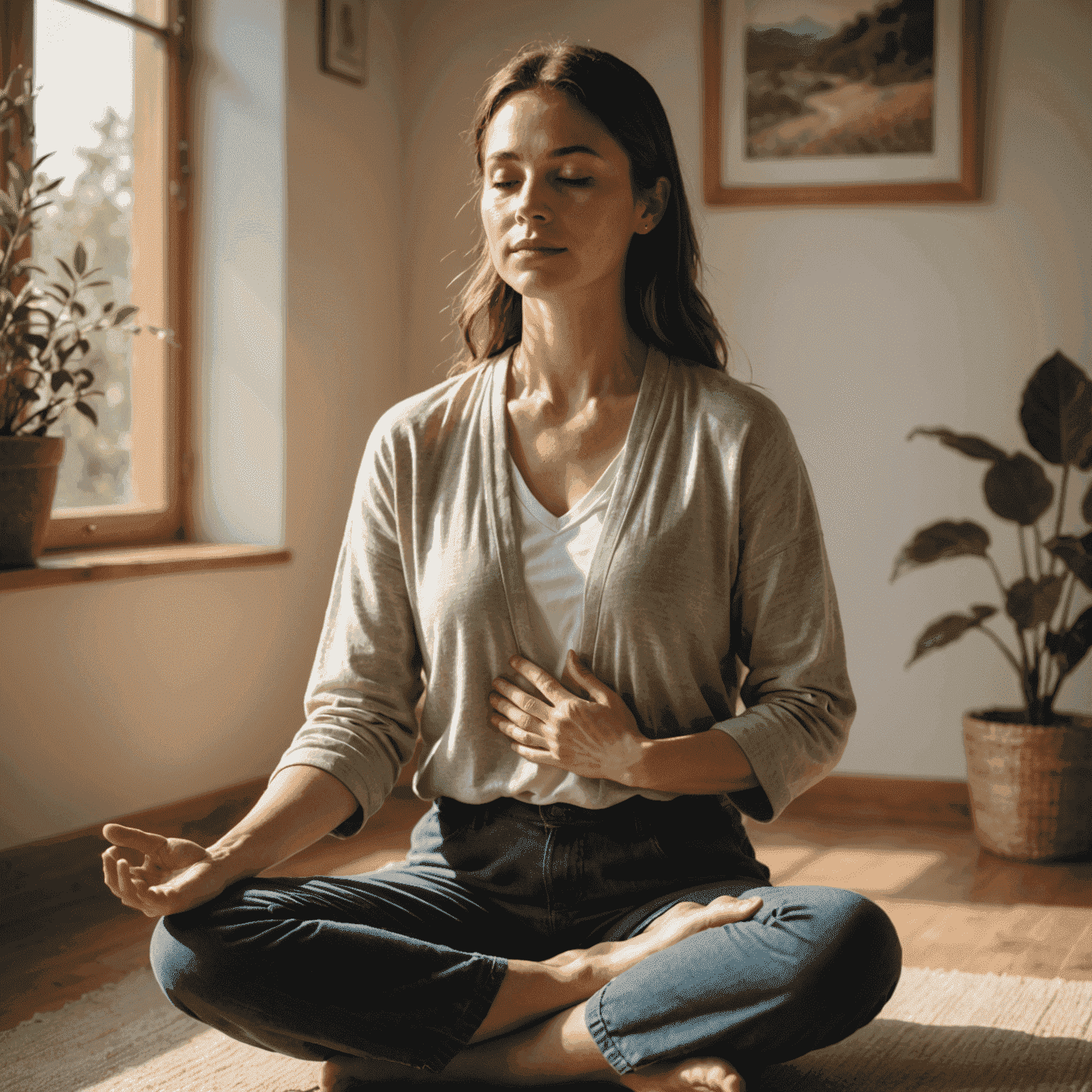 A person with a serene expression, hands over heart, practicing loving-kindness meditation in a sunlit room