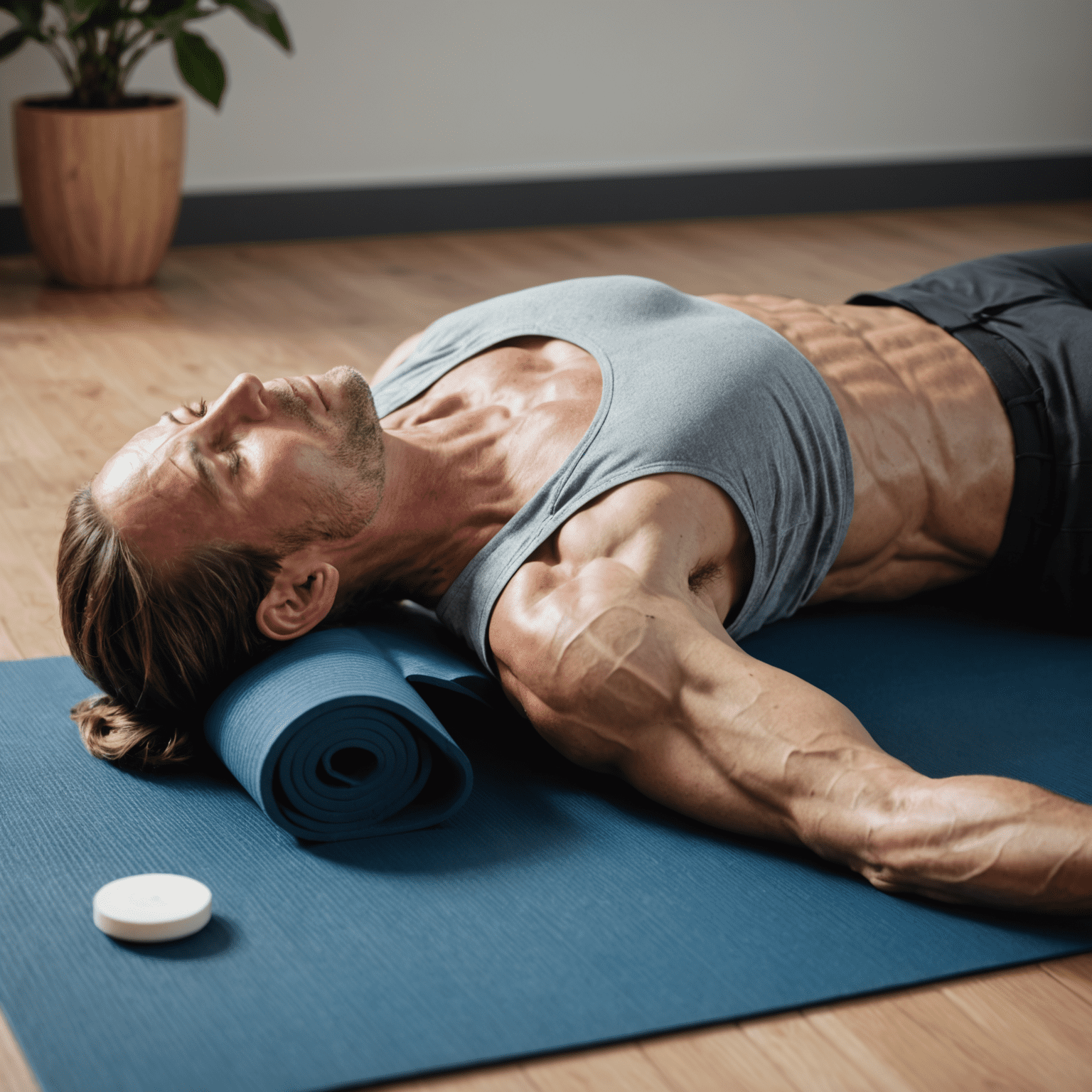 A person lying on a yoga mat, demonstrating progressive muscle relaxation. The image shows different muscle groups highlighted, illustrating the focus areas of the technique.