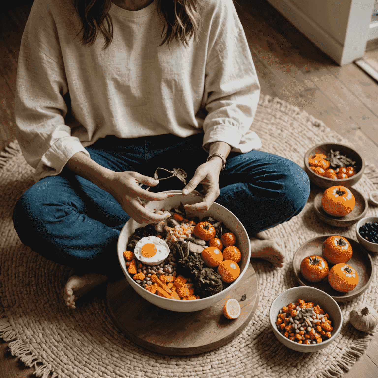 A person sitting cross-legged on a cushion, holding a bowl of vibrant, healthy food. The image conveys a sense of peace and mindfulness, with soft natural light and earthy tones surrounding the scene.