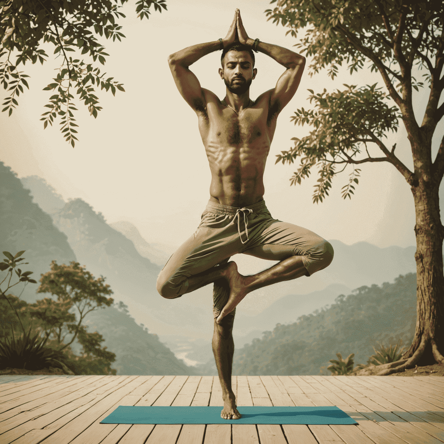 A yogi demonstrating the Tree Pose (Vrksasana), standing on one leg with the other foot placed on the inner thigh, hands in prayer position
