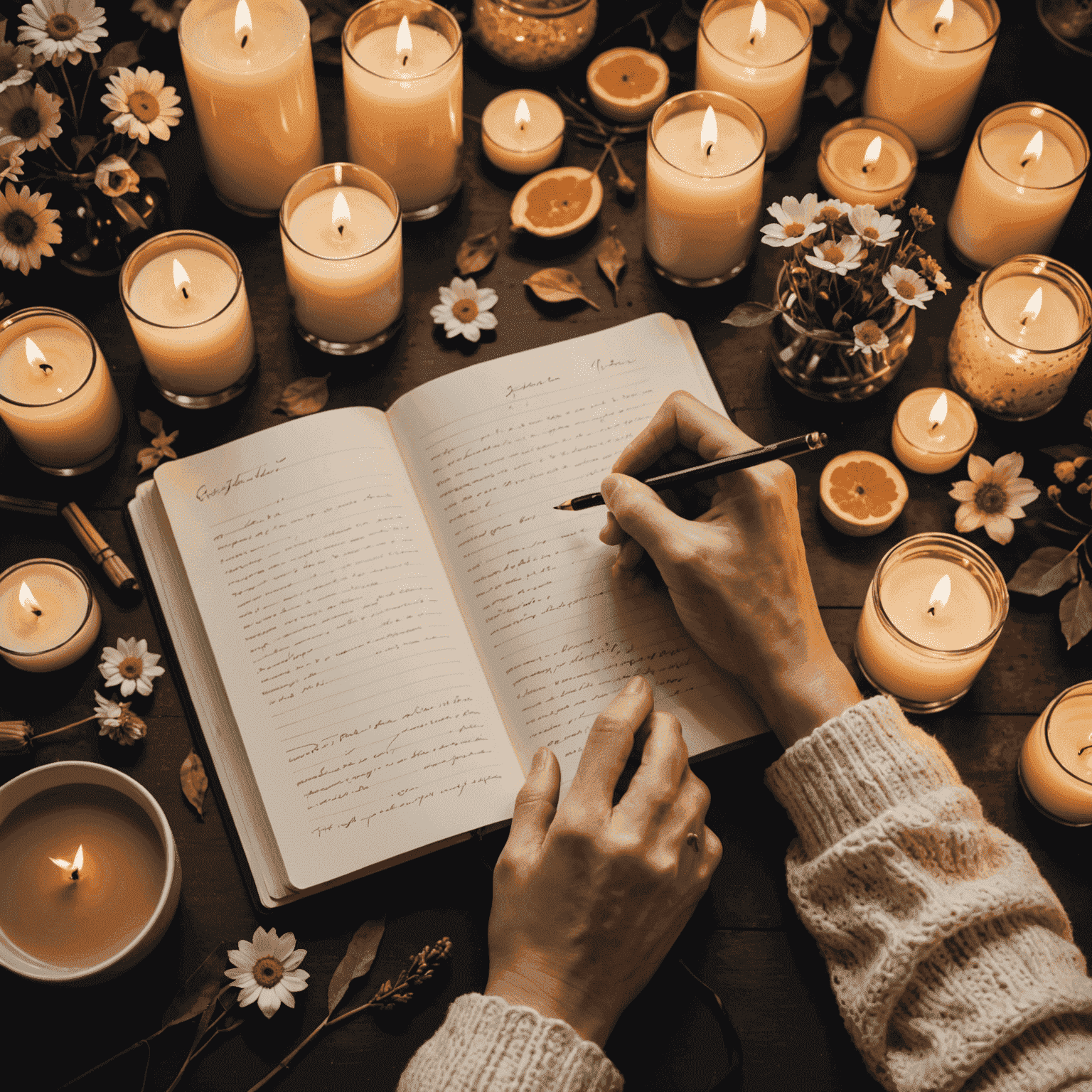 A person writing in a gratitude journal surrounded by calming elements like candles and flowers