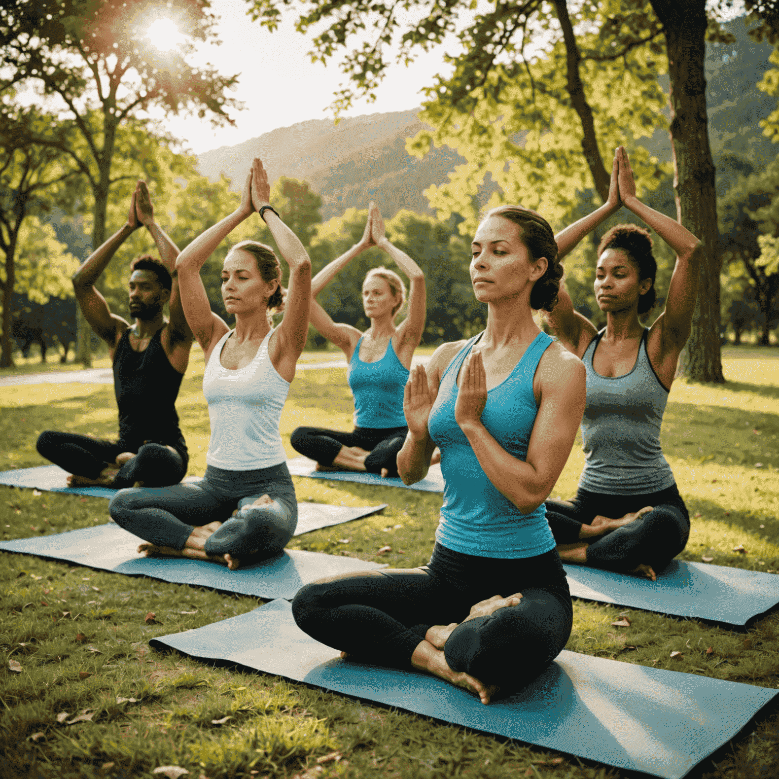 A diverse group of people practicing yoga in a peaceful outdoor setting, demonstrating various poses and the long-term benefits of regular practice