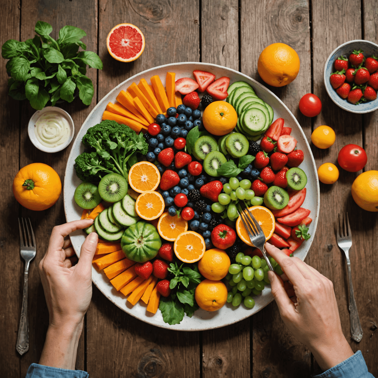A beautifully arranged plate of colorful, fresh fruits and vegetables on a rustic wooden table, with hands carefully placing a fork and focusing on the meal.