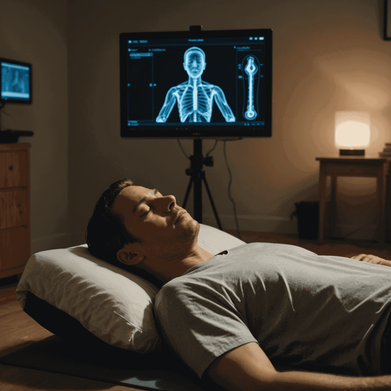 A person lying down comfortably, eyes closed, performing a body scan meditation in a dimly lit room