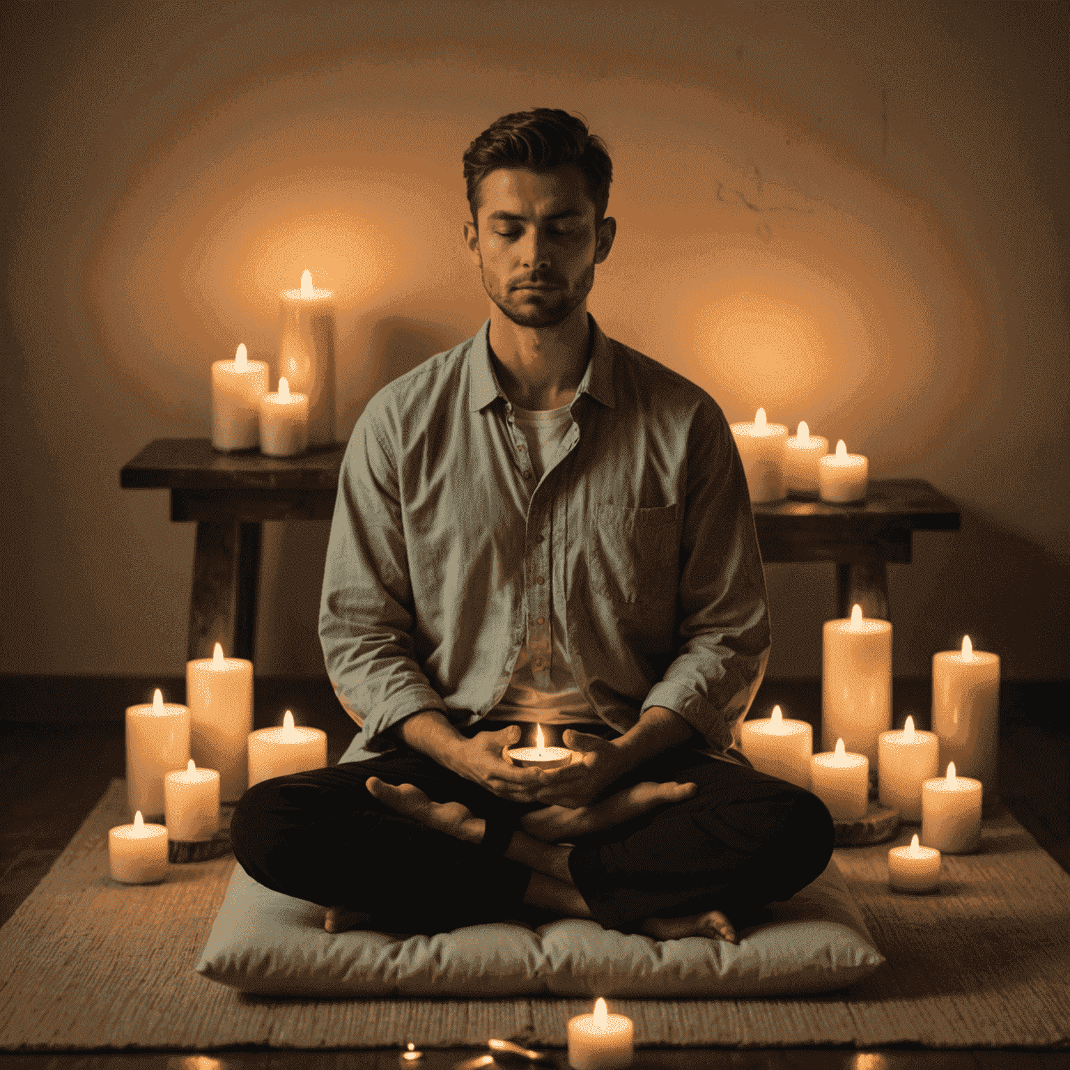 A person meditating in a cross-legged position on a cushion, surrounded by soft, glowing candles. The scene evokes a sense of peace and tranquility.