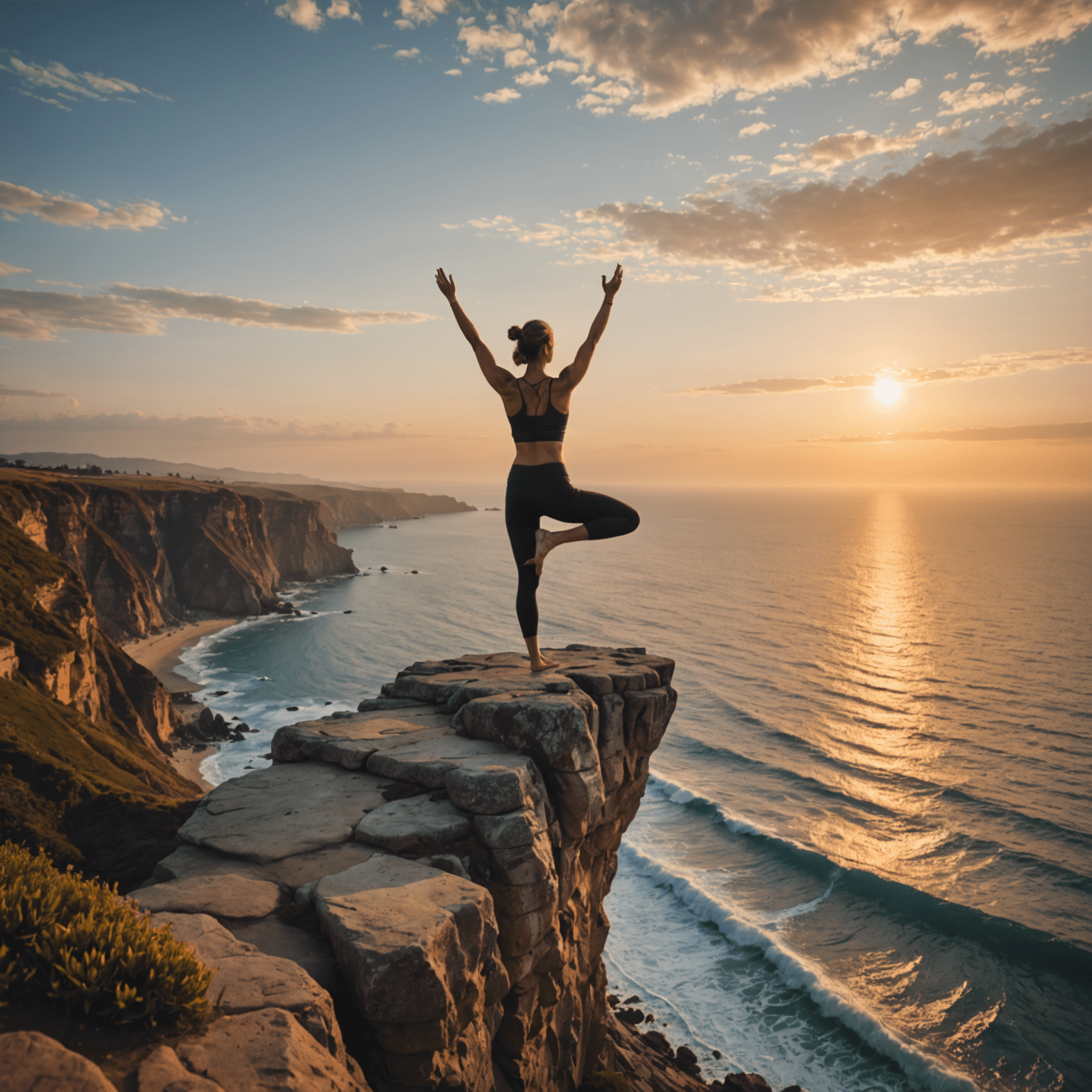 A person performing a balanced yoga pose on a cliff overlooking a serene ocean at sunset, embodying physical and mental equilibrium.