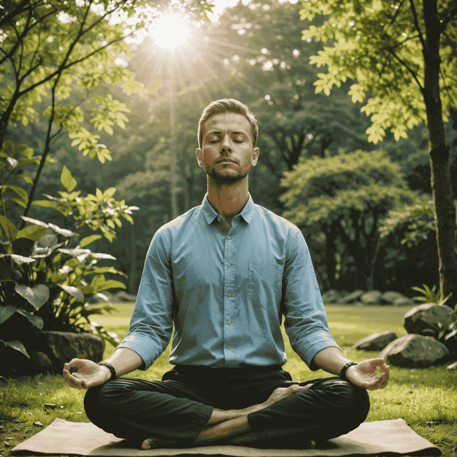 A person meditating in a comfortable seated position, eyes closed, practicing transcendental meditation in a tranquil outdoor setting
