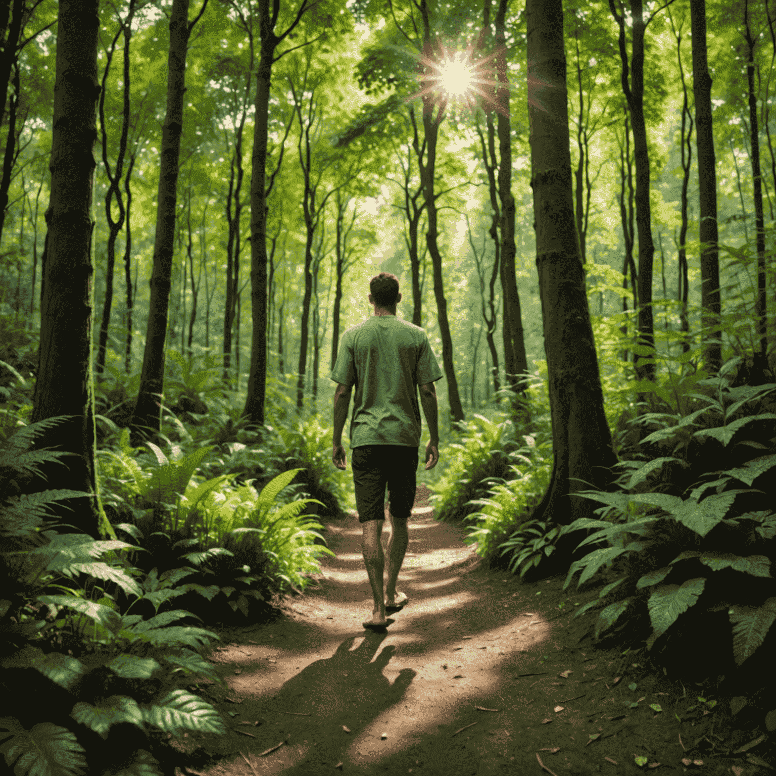 A person walking barefoot through a lush forest, surrounded by tall trees and dappled sunlight. The image conveys a sense of connection with nature and inner peace.
