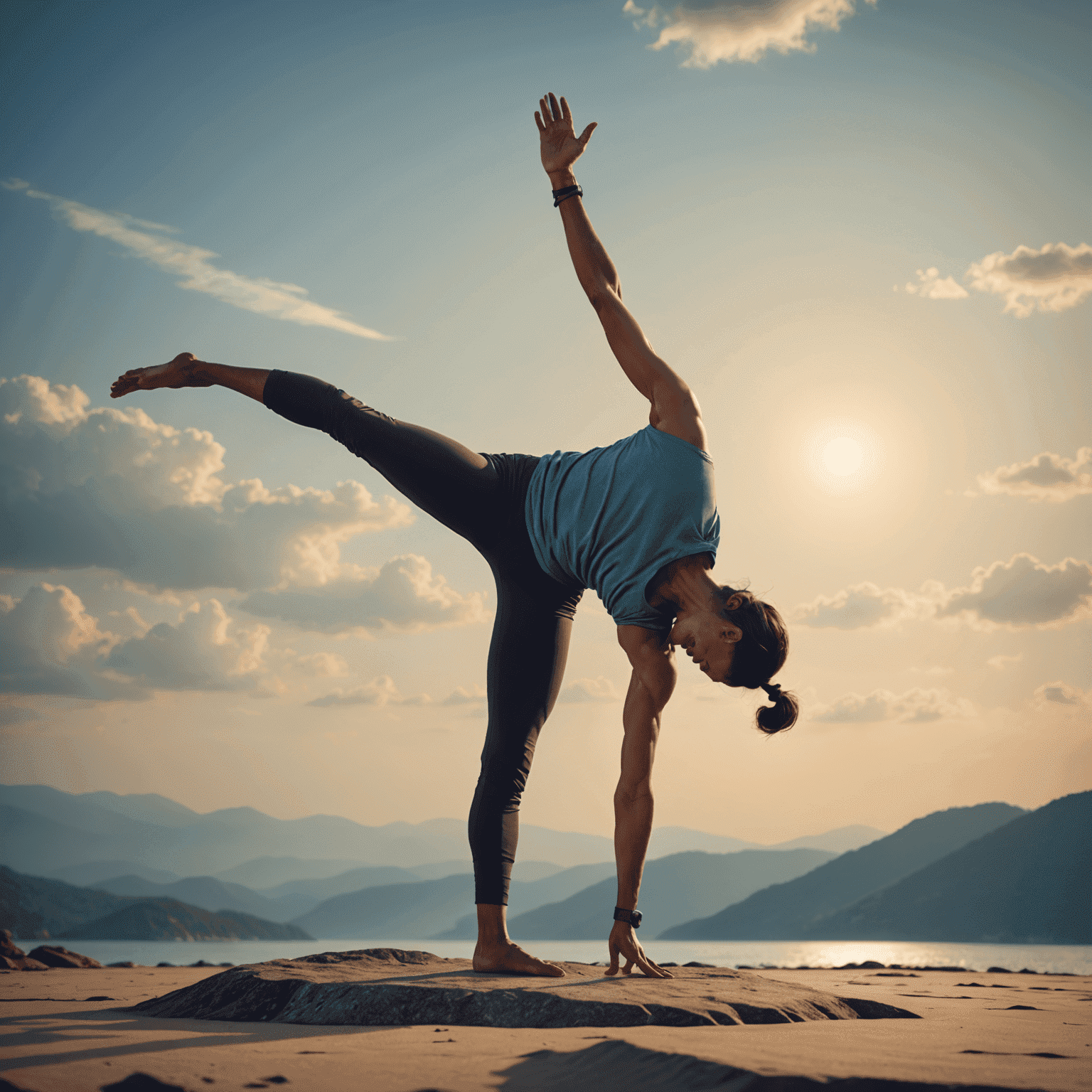 A yoga practitioner in Half Moon Pose (Ardha Chandrasana), balancing on one leg with the other leg extended parallel to the ground and one arm reaching towards the sky