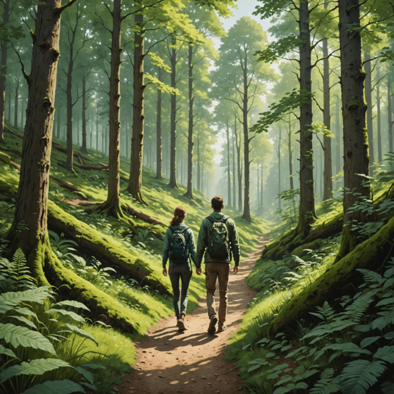 A serene nature scene with a person taking a mindful walk through a lush forest