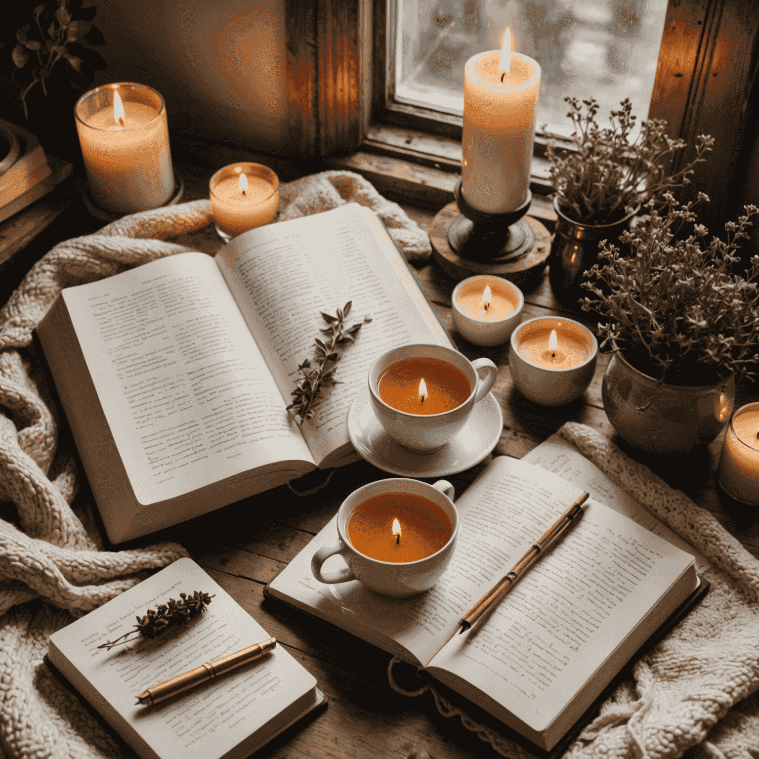 A cozy corner with a soft blanket, scented candles, a cup of herbal tea, and an open journal, representing a peaceful self-care ritual space.